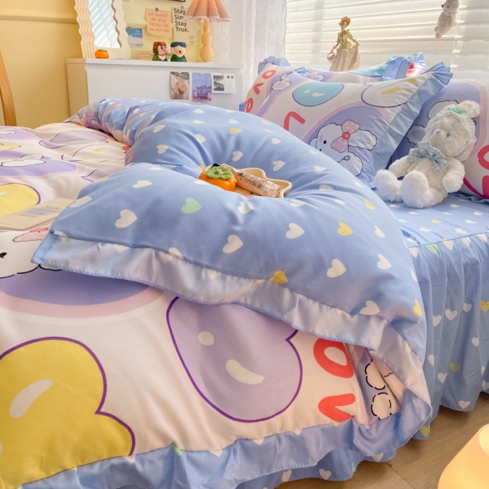 91家纺网 家纺一手货源 找家纺 上尚居 2024新款小清新韩版花边磨毛四件套水洗棉班尼兔