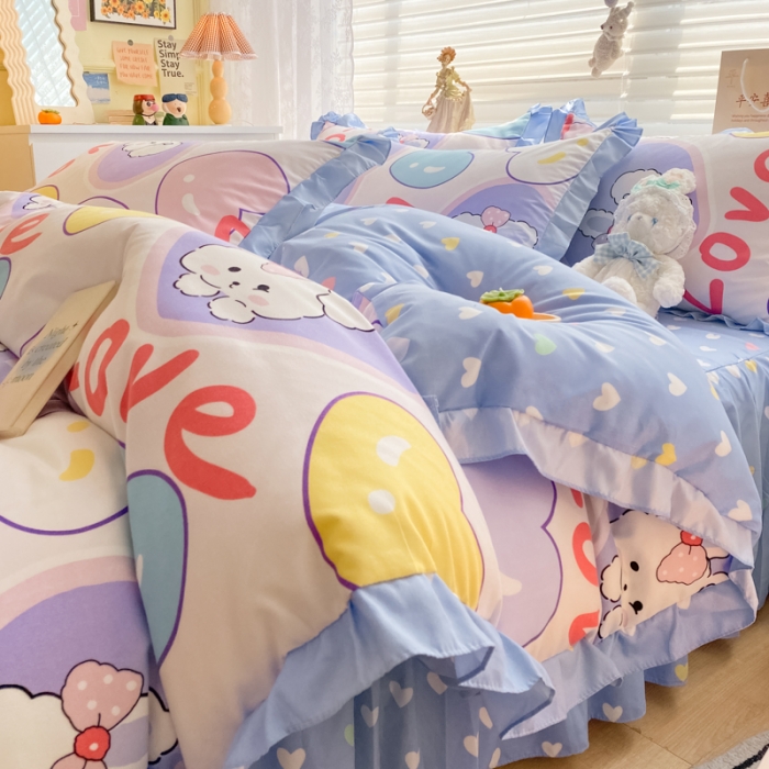 91家纺网 家纺一手货源 找家纺 上尚居 2024新款小清新韩版花边磨毛四件套水洗棉班尼兔