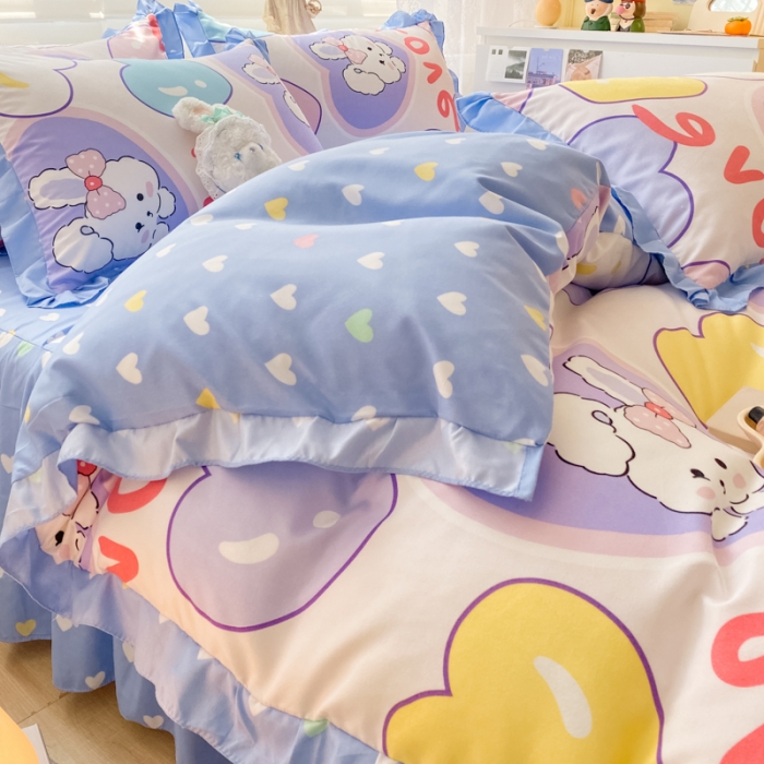 91家纺网 家纺一手货源 找家纺 上尚居 2024新款小清新韩版花边磨毛四件套水洗棉班尼兔