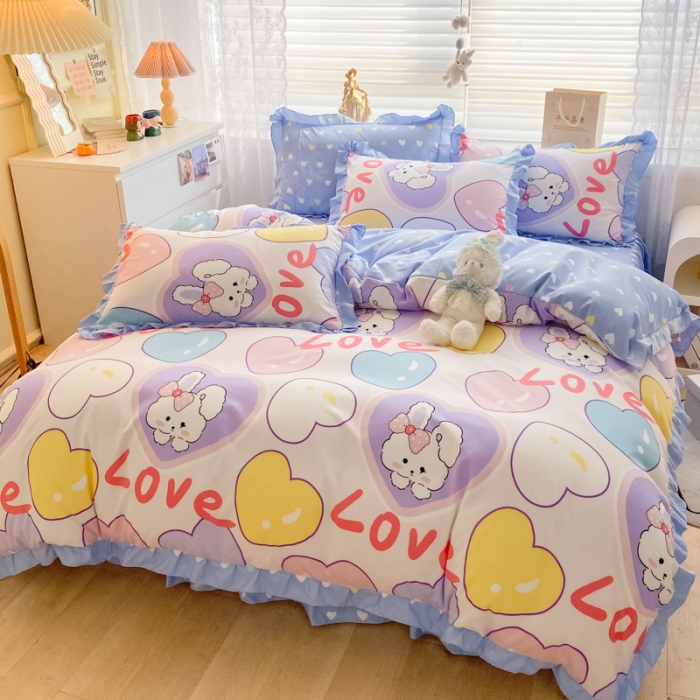 91家纺网 家纺一手货源 找家纺 上尚居 2024新款小清新韩版花边磨毛四件套水洗棉班尼兔