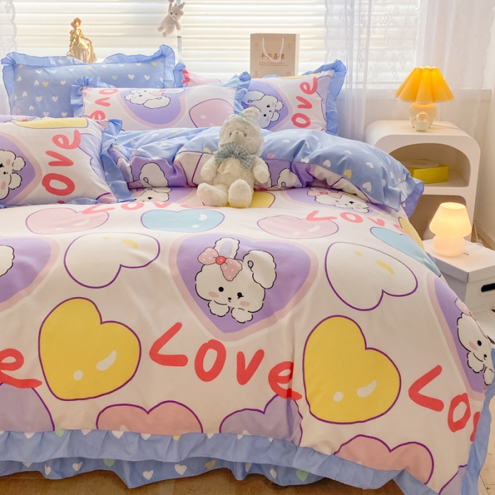 91家纺网 家纺一手货源 找家纺 上尚居 2024新款小清新韩版花边磨毛四件套水洗棉班尼兔