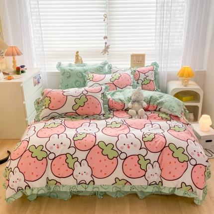 91家纺网 家纺一手货源 找家纺 上尚居 2024新款小清新韩版花边磨毛四件套水洗棉草莓兔