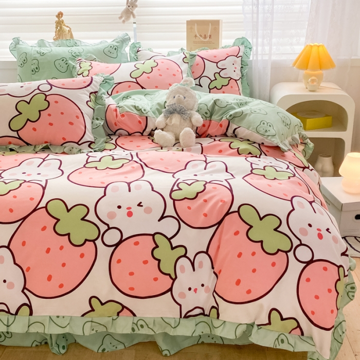 91家纺网 家纺一手货源 找家纺 上尚居 2024新款小清新韩版花边磨毛四件套水洗棉草莓兔