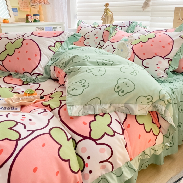 91家纺网 家纺一手货源 找家纺 上尚居 2024新款小清新韩版花边磨毛四件套水洗棉草莓兔