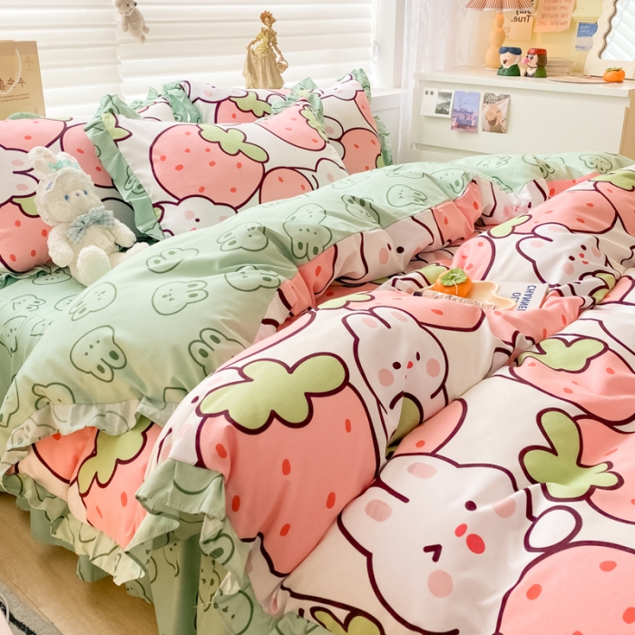 91家纺网 家纺一手货源 找家纺 上尚居 2024新款小清新韩版花边磨毛四件套水洗棉草莓兔