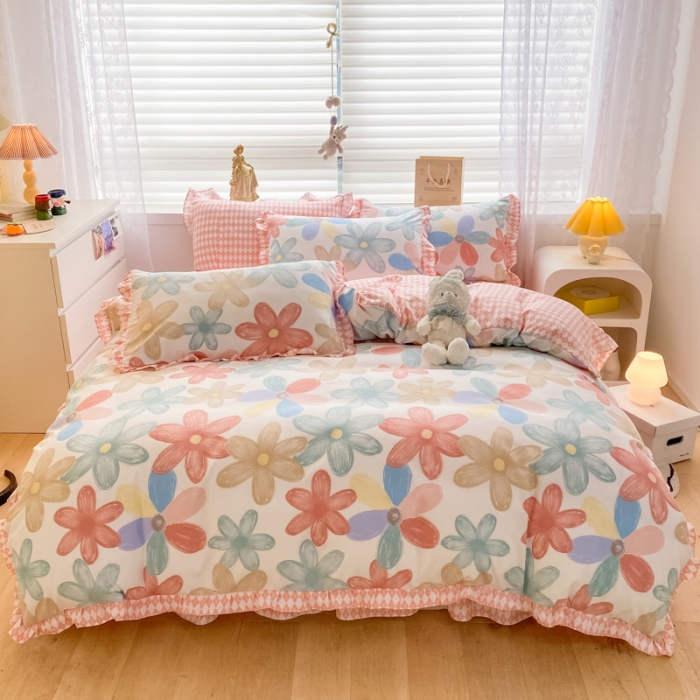 91家纺网 家纺一手货源 找家纺 上尚居 2024新款小清新韩版花边磨毛四件套水洗棉花束之美