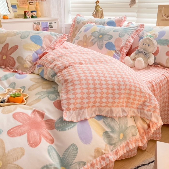 91家纺网 家纺一手货源 找家纺 上尚居 2024新款小清新韩版花边磨毛四件套水洗棉花束之美