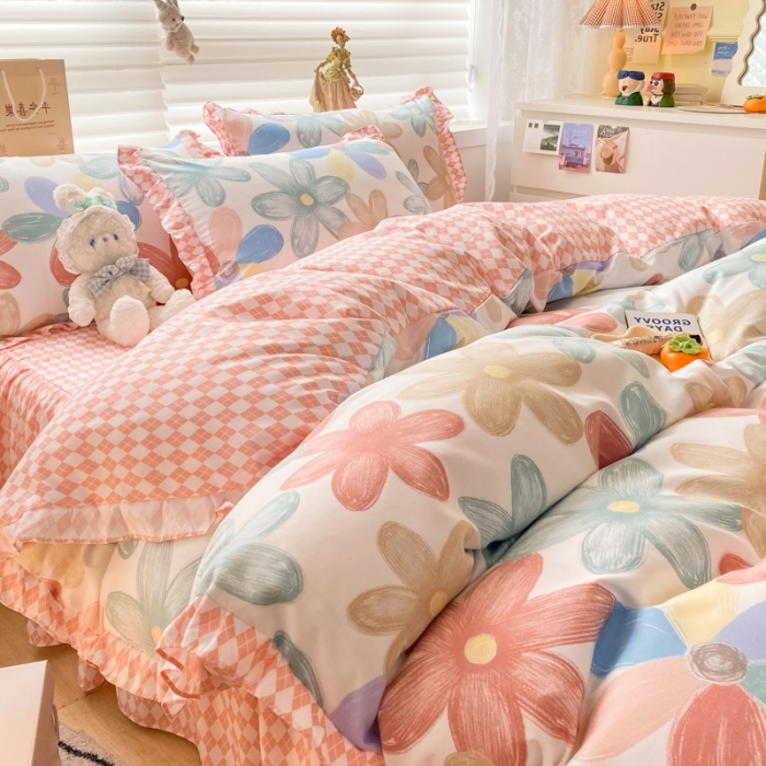 91家纺网 家纺一手货源 找家纺 上尚居 2024新款小清新韩版花边磨毛四件套水洗棉花束之美