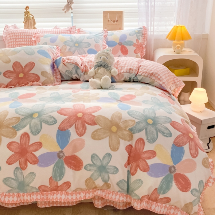 91家纺网 家纺一手货源 找家纺 上尚居 2024新款小清新韩版花边磨毛四件套水洗棉花束之美