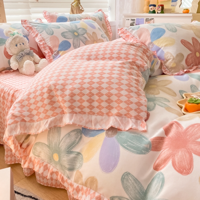 91家纺网 家纺一手货源 找家纺 上尚居 2024新款小清新韩版花边磨毛四件套水洗棉花束之美