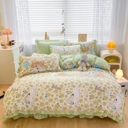 91家纺网 家纺一手货源 找家纺 上尚居 2024新款小清新韩版花边磨毛四件套水洗棉开心伙伴