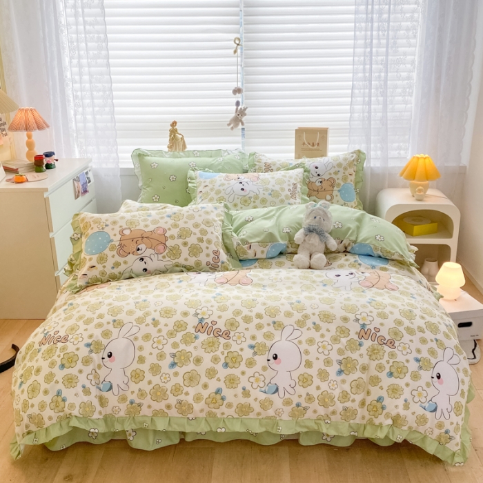 91家纺网 家纺一手货源 找家纺 上尚居 2024新款小清新韩版花边磨毛四件套水洗棉开心伙伴