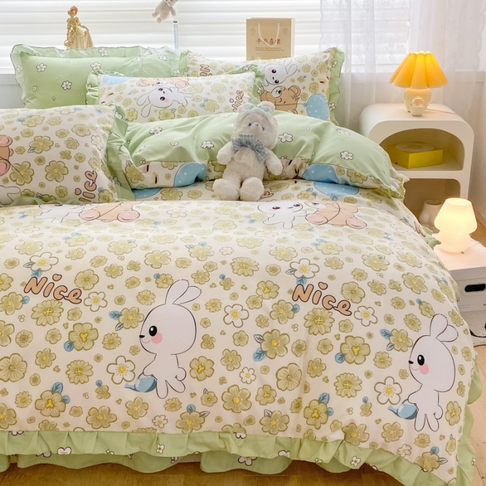 91家纺网 家纺一手货源 找家纺 上尚居 2024新款小清新韩版花边磨毛四件套水洗棉开心伙伴