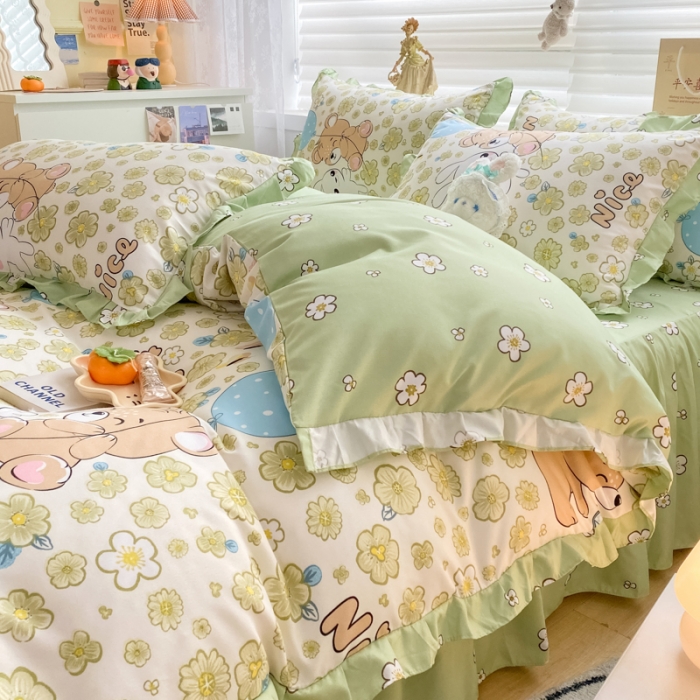 91家纺网 家纺一手货源 找家纺 上尚居 2024新款小清新韩版花边磨毛四件套水洗棉开心伙伴