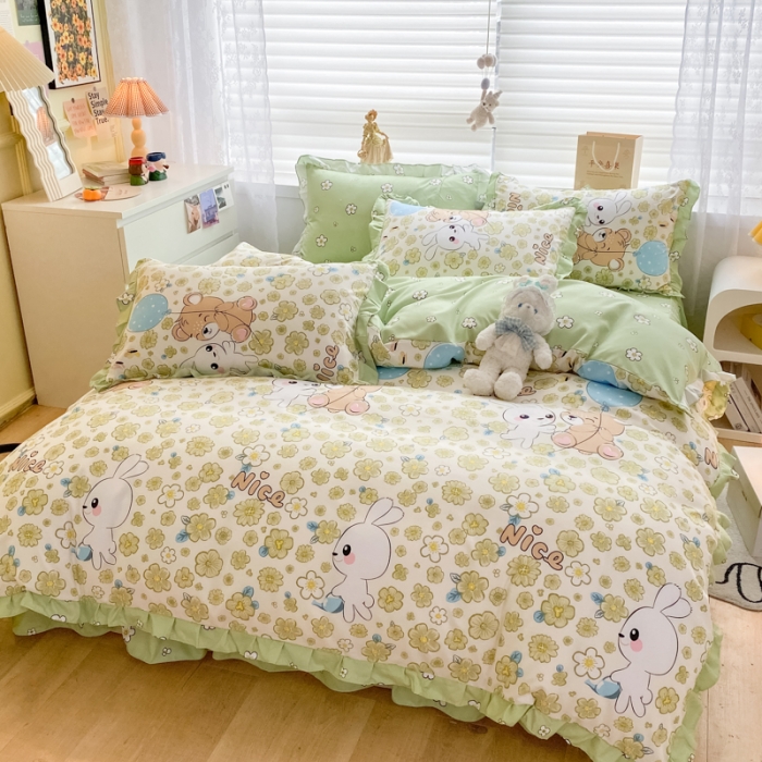 91家纺网 家纺一手货源 找家纺 上尚居 2024新款小清新韩版花边磨毛四件套水洗棉开心伙伴