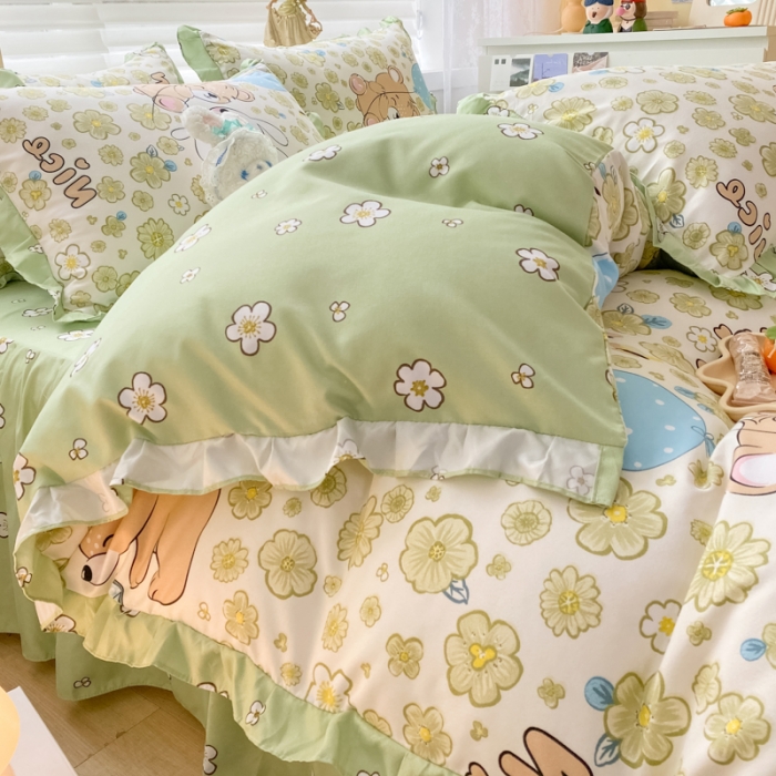 91家纺网 家纺一手货源 找家纺 上尚居 2024新款小清新韩版花边磨毛四件套水洗棉开心伙伴