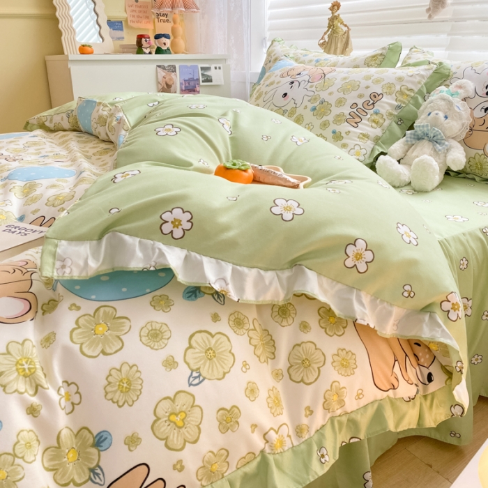 91家纺网 家纺一手货源 找家纺 上尚居 2024新款小清新韩版花边磨毛四件套水洗棉开心伙伴