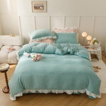 91家纺网 家纺一手货源 找家纺 北纬27度 2022新纯色刺绣法式立体浮雕牛奶绒四件套直播 一生所爱-刺绣款清新绿