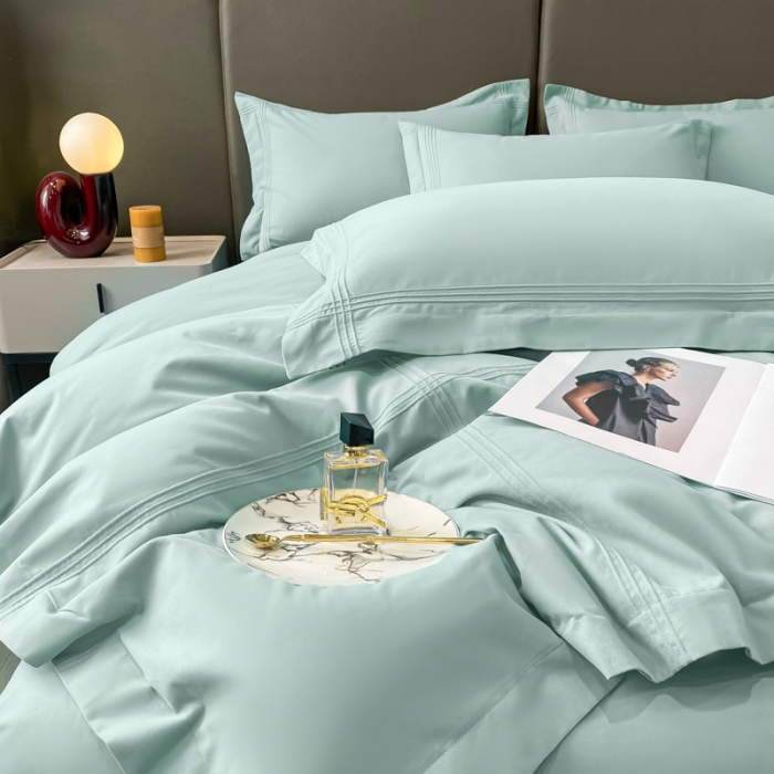 91家纺网 家纺一手货源 找家纺 安妮 2022新款轻奢赫本加厚全棉磨毛四件套 赫本迷雾蓝