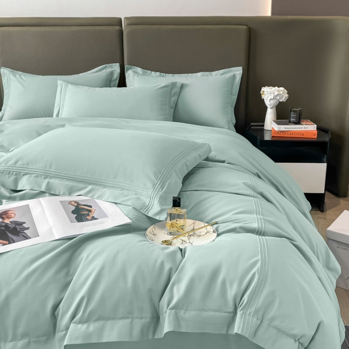 91家纺网 家纺一手货源 找家纺 安妮 2022新款轻奢赫本加厚全棉磨毛四件套 赫本迷雾蓝