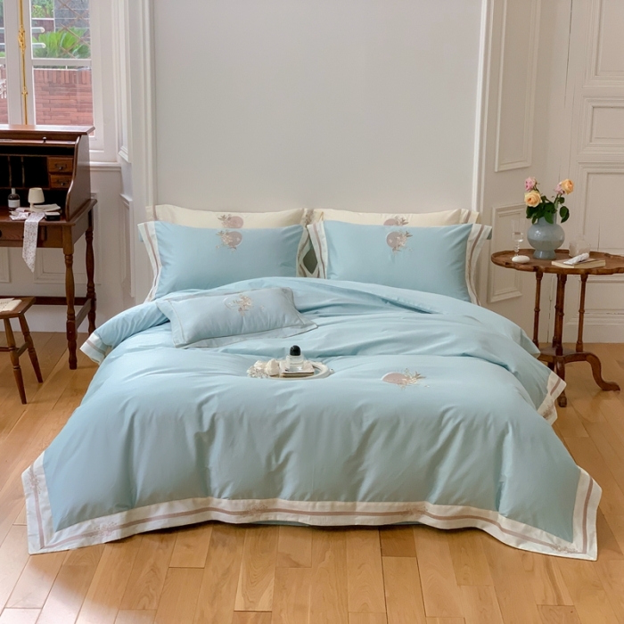 91家纺网 家纺一手货源 找家纺 馨蕊2022新款工艺全棉高精密刺绣四件套-蜜恋 蜜恋-湖水蓝