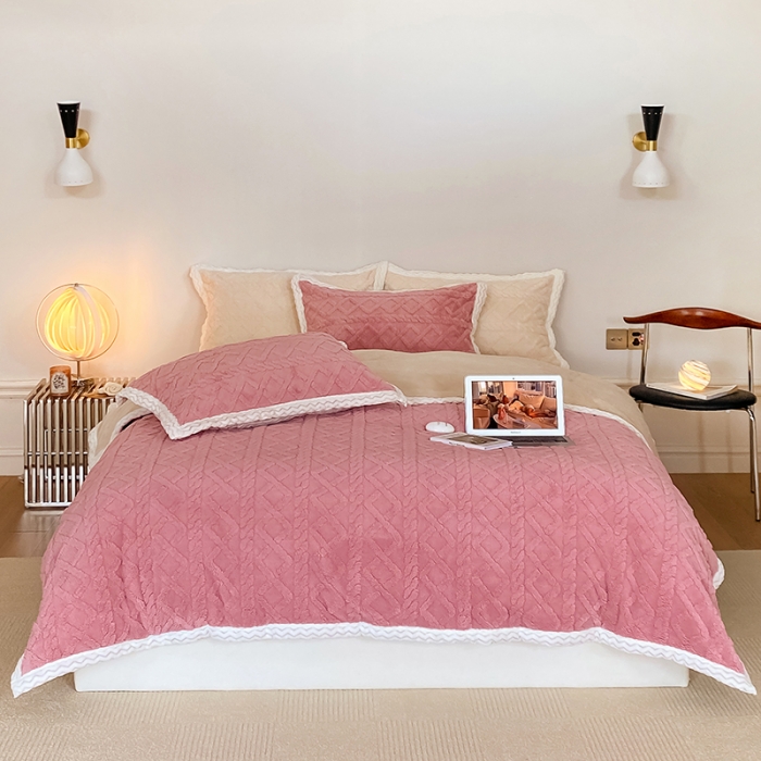 91家纺网 家纺一手货源 找家纺 梦柏2022新款阳离子提花绒四件套 提花绒-豆沙色