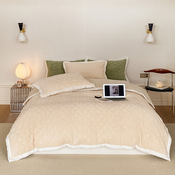 91家纺网 家纺一手货源 找家纺 梦柏2022新款阳离子提花绒四件套 提花绒-米杏色