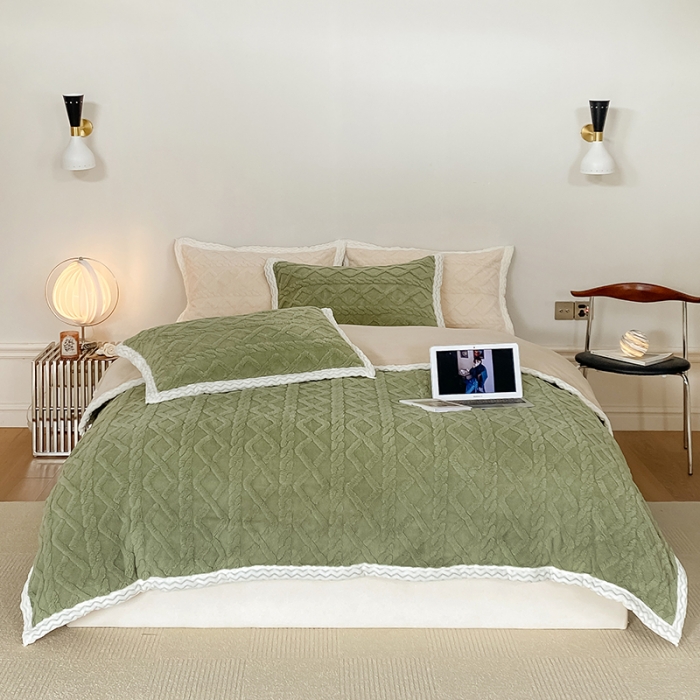 91家纺网 家纺一手货源 找家纺 梦柏2022新款阳离子提花绒四件套 提花绒-抹茶色