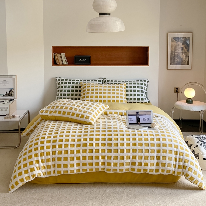 91家纺网 家纺一手货源 找家纺 梦柏2022新款阳离子提花绒四件套 阳离子-柠檬黄