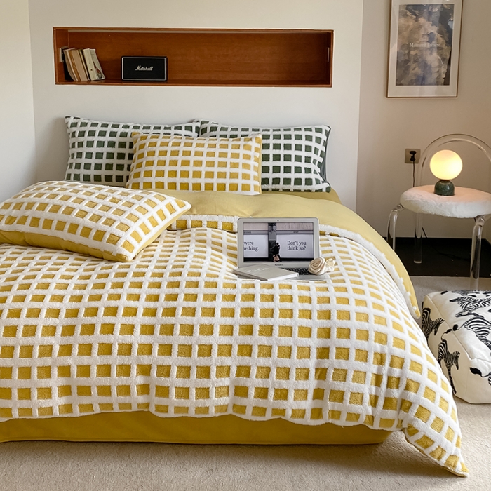 91家纺网 家纺一手货源 找家纺 梦柏2022新款阳离子提花绒四件套 阳离子-柠檬黄