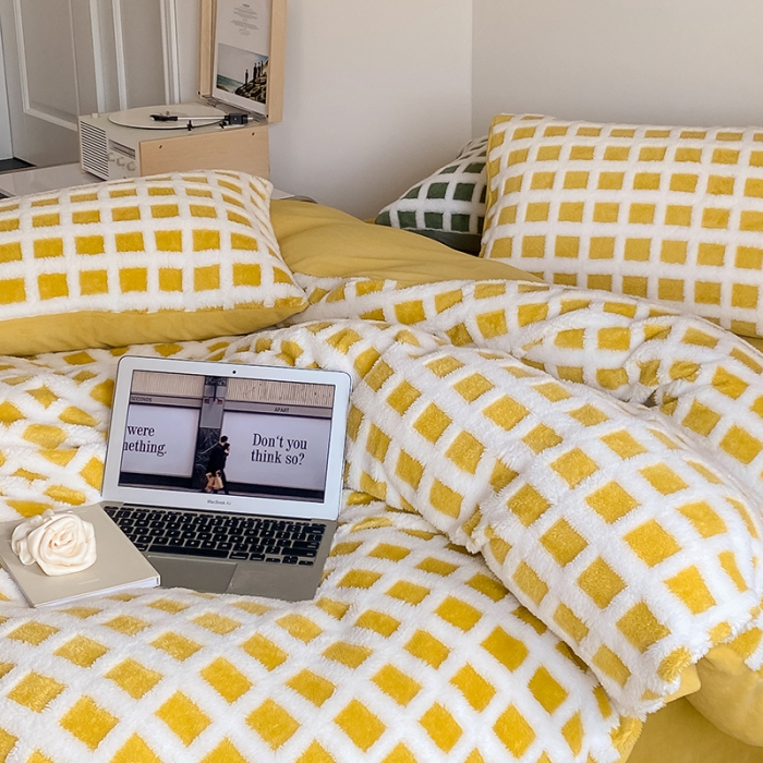 91家纺网 家纺一手货源 找家纺 梦柏2022新款阳离子提花绒四件套 阳离子-柠檬黄