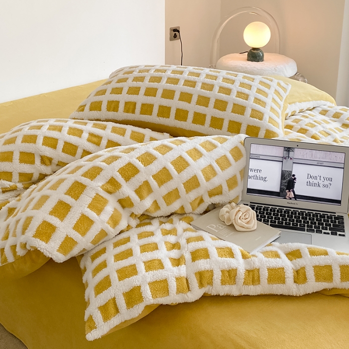 91家纺网 家纺一手货源 找家纺 梦柏2022新款阳离子提花绒四件套 阳离子-柠檬黄