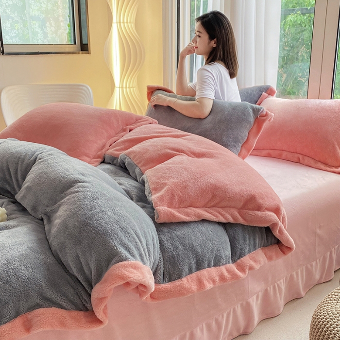 91家纺网 家纺一手货源 找家纺 吾秀家居 2022新款兔兔绒四件套 兔兔绒-灰粉