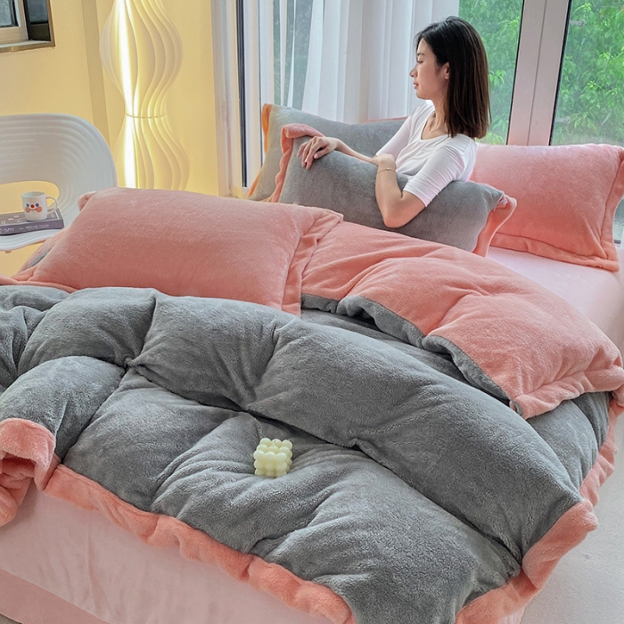 91家纺网 家纺一手货源 找家纺 吾秀家居 2022新款兔兔绒四件套 兔兔绒-灰粉