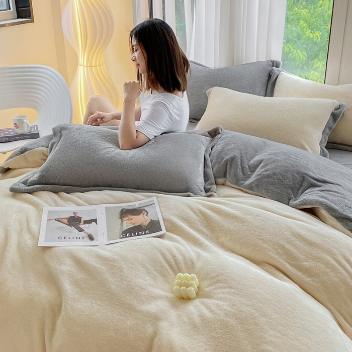 91家纺网 家纺一手货源 找家纺 吾秀家居 2022新款兔兔绒四件套 兔兔绒-米灰