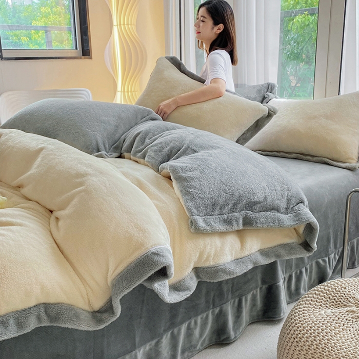 91家纺网 家纺一手货源 找家纺 吾秀家居 2022新款兔兔绒四件套 兔兔绒-米灰