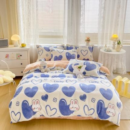 91家纺网 家纺一手货源 找家纺 优家居 2023新款加厚保暖雪花绒四件套 蓝爱心