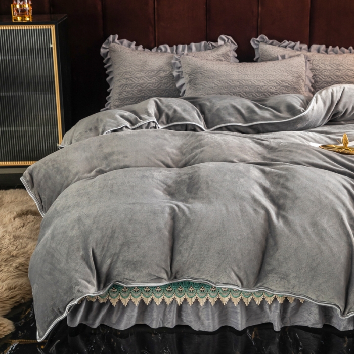 91家纺网 家纺一手货源 找家纺 冬然 2022新款床盖牛奶绒夹棉床裙四件套单床裙单被套高级灰