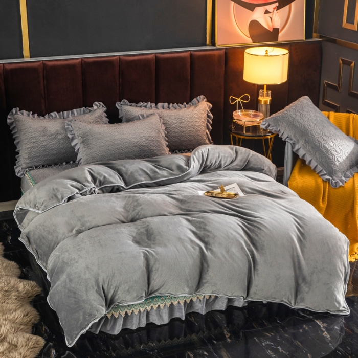 91家纺网 家纺一手货源 找家纺 冬然 2022新款床盖牛奶绒夹棉床裙四件套单床裙单被套高级灰