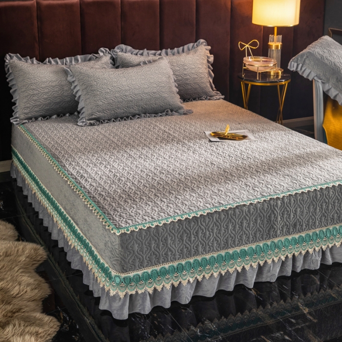 91家纺网 家纺一手货源 找家纺 冬然 2022新款床盖牛奶绒夹棉床裙四件套单床裙单被套高级灰