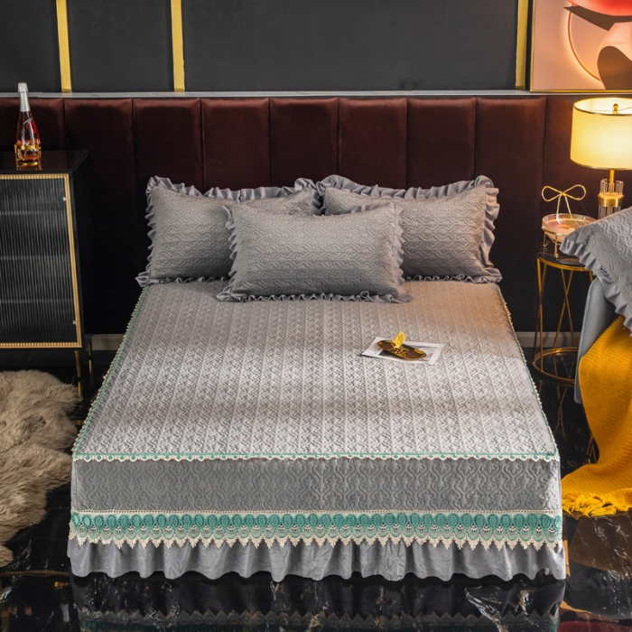 91家纺网 家纺一手货源 找家纺 冬然 2022新款床盖牛奶绒夹棉床裙四件套单床裙单被套高级灰