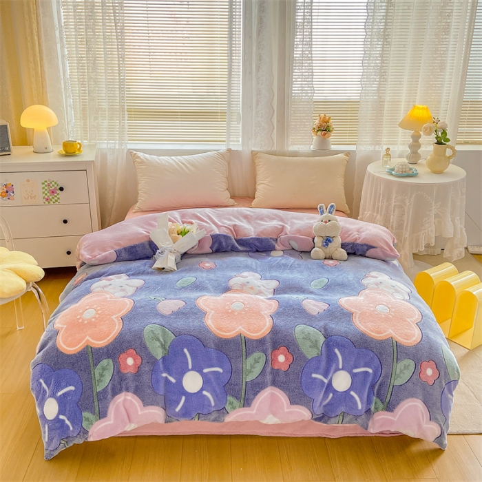 91家纺网 家纺一手货源 找家纺 优家居 2023新款加厚保暖雪花绒四件套 花园兔