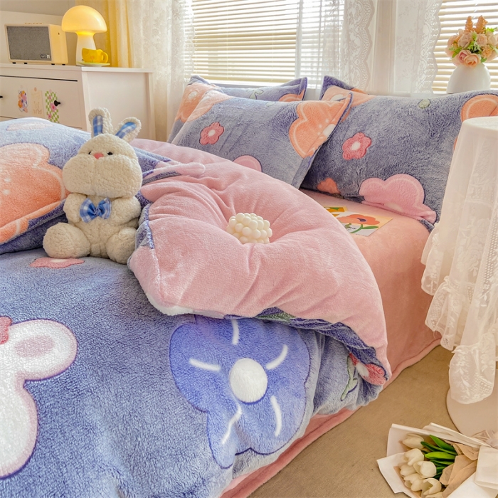 91家纺网 家纺一手货源 找家纺 优家居 2023新款加厚保暖雪花绒四件套 花园兔