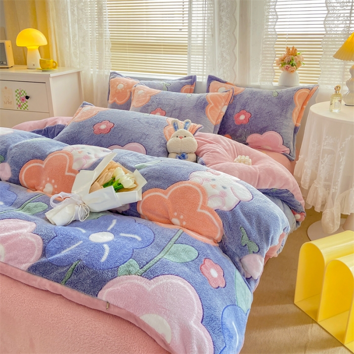 91家纺网 家纺一手货源 找家纺 优家居 2023新款加厚保暖雪花绒四件套 花园兔