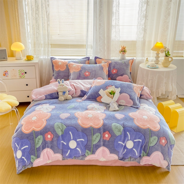 91家纺网 家纺一手货源 找家纺 优家居 2023新款加厚保暖雪花绒四件套 花园兔