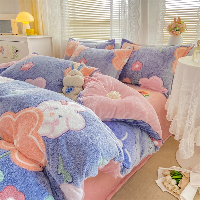 91家纺网 家纺一手货源 找家纺 优家居 2023新款加厚保暖雪花绒四件套 花园兔