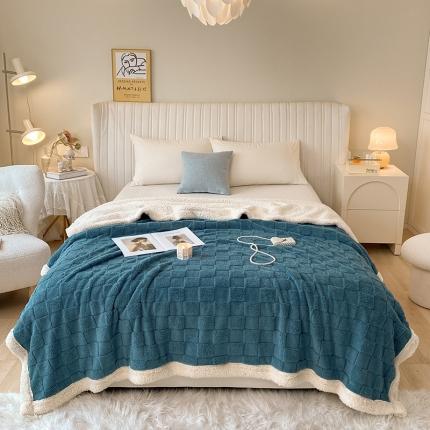 91家纺网 家纺一手货源 找家纺 吾秀家居2022新款舒棉绒提花毯 绒毯方块蓝