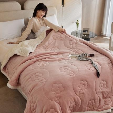 铭动 新款三层加厚加绒牛奶绒羊羔绒珊瑚绒保暖冬季毛毯-棕粉