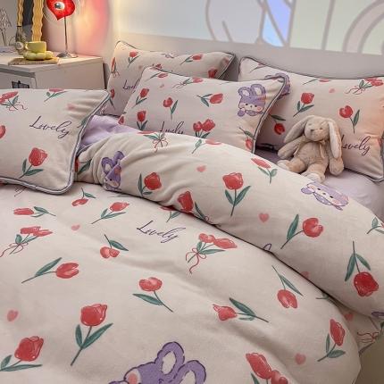 91家纺网 家纺一手货源 找家纺 塔塔 2025新款直播爆款高克重圆网包边牛奶绒四件套粉黛兔