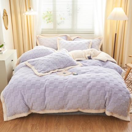 91家纺网 家纺一手货源 找家纺 吾秀家居2022新款舒棉绒提花四件套 方块紫